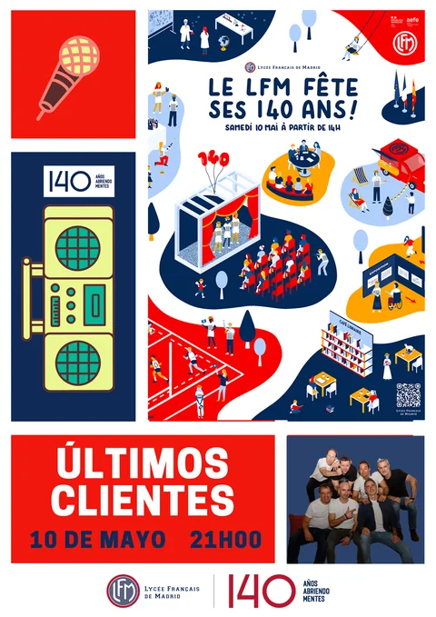 Cartel de los 140 años del Liceo Francés de Madrid; Últimos Clientes toca el sábado 10 de mayo a las 21:00.