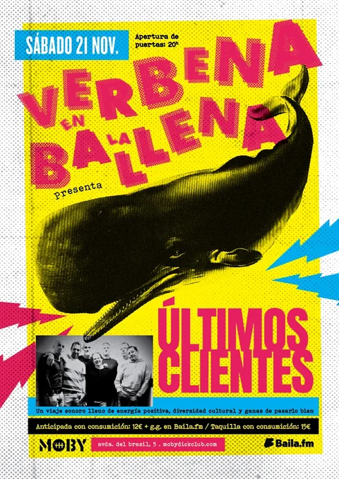 Cartel de Verbena en la Ballena con Últimos Clientes en la Sala Moby Dick, Madrid, el sábado 21 de noviembre.