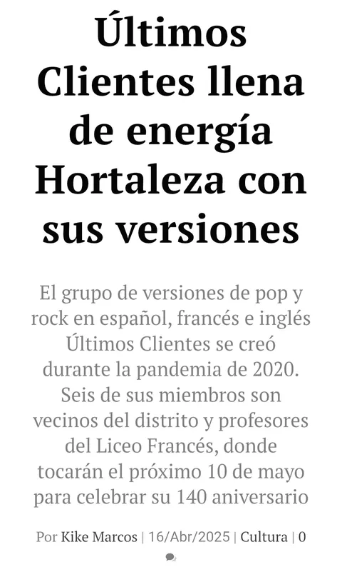 Titular completo de El Periódico de Hortaleza: Últimos Clientes llena de energía Hortaleza con sus versiones.